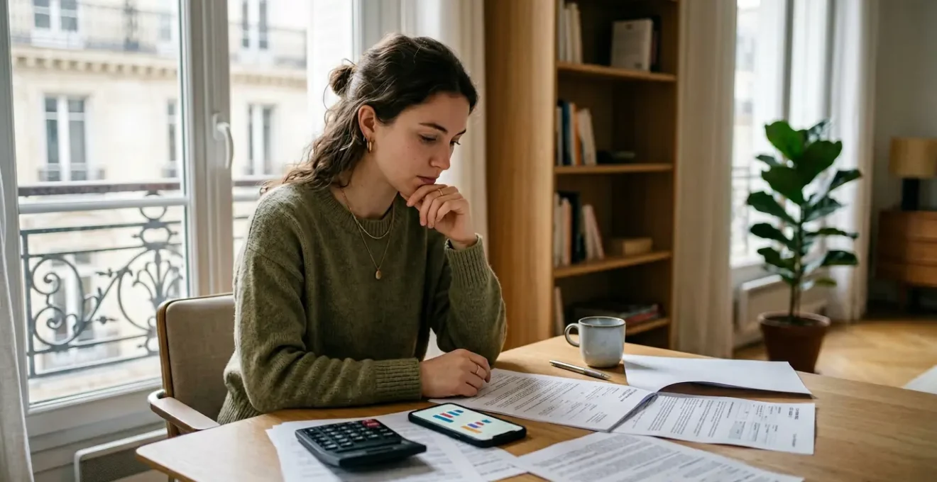 Jeune conducteur analysant les options d'assurance auto avec calculatrice et documents