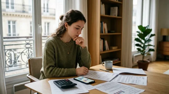Jeune conducteur analysant les options d'assurance auto avec calculatrice et documents