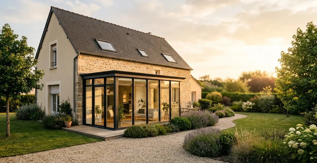 Maison avec véranda moderne et combles aménagés vue depuis le jardin