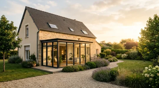 Maison avec véranda moderne et combles aménagés vue depuis le jardin