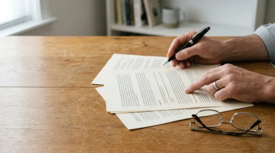 Personne examinant attentivement des documents d'assurance prévoyance avec une loupe, symbolisant la vigilance dans la déclaration des risques