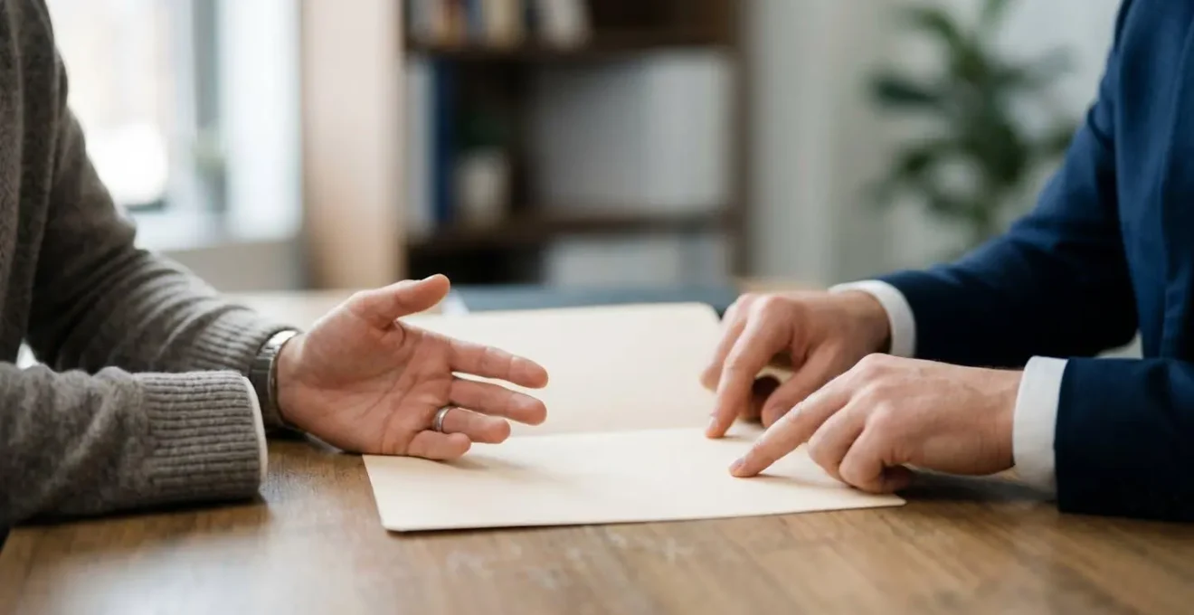 Échange professionnel entre assuré et conseiller discutant d'une attestation de télétravail sans coût supplémentaire