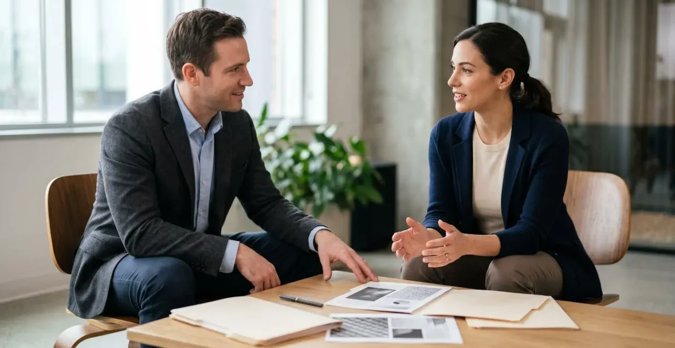 Deux professionnels en discussion stratégique autour d'une table avec documents de contrat