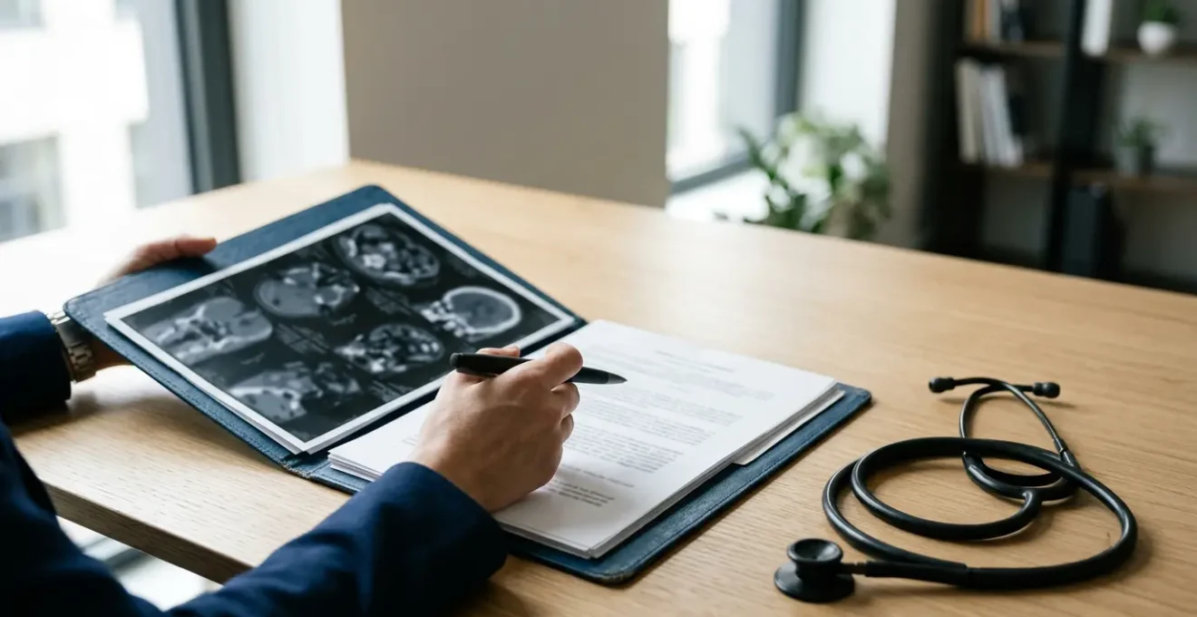 Scène d'analyse stratégique de documents juridiques et médicaux avec dossier corporel