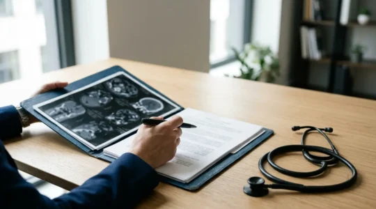 Scène d'analyse stratégique de documents juridiques et médicaux avec dossier corporel