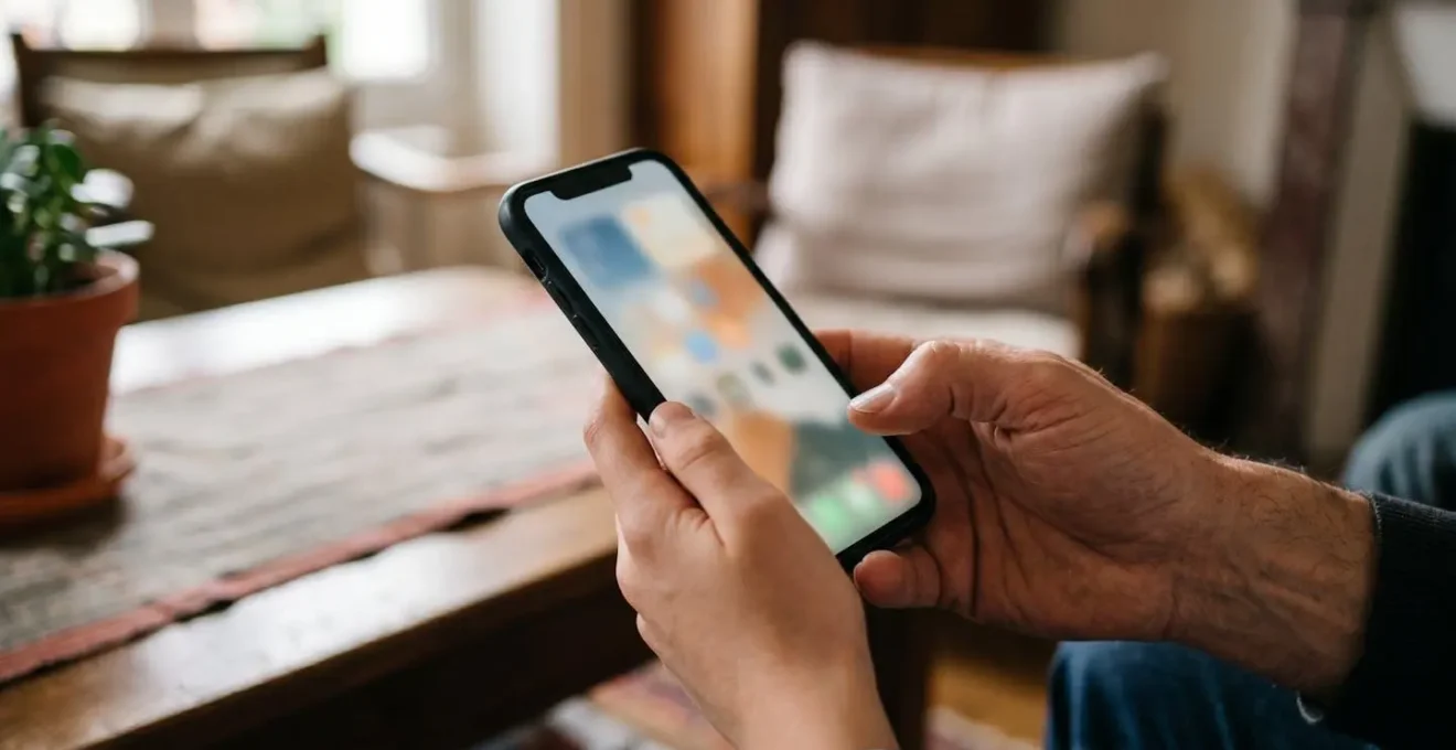 Mains tenant un smartphone avec écran flou dans un intérieur domestique français