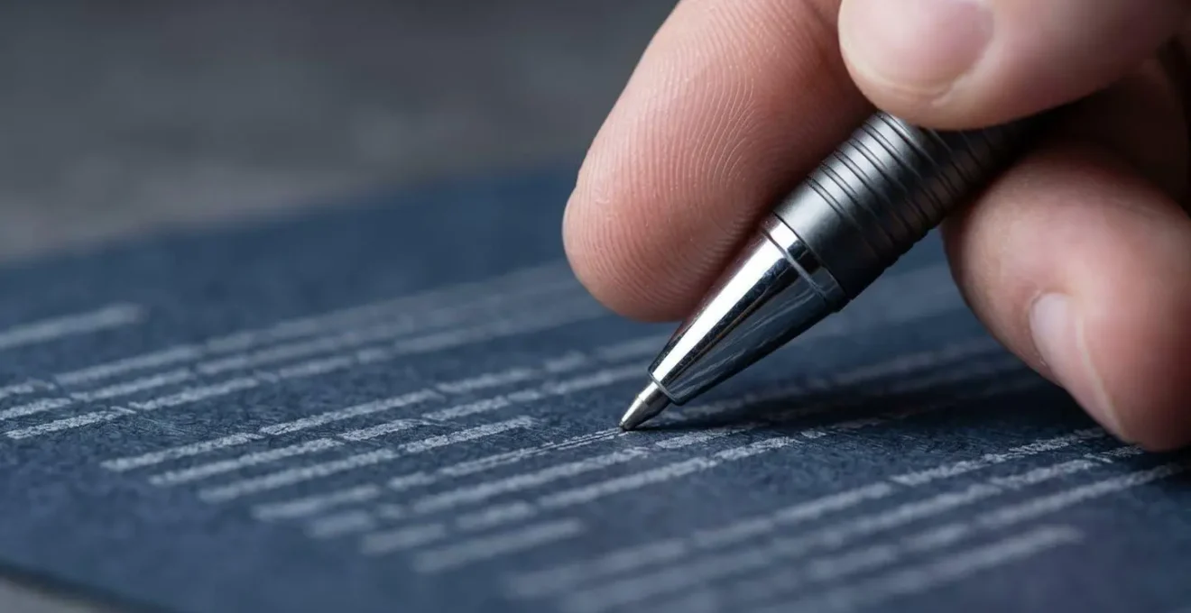 Main signant un document contractuel avec stylo, évoquant une décision juridique importante