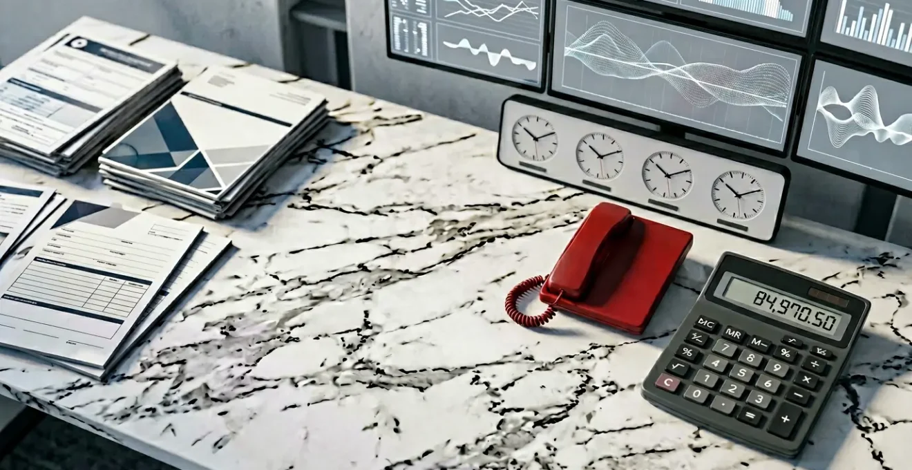 Vue en plongée d'un plateau d'assistance médicale international avec écrans de monitoring, calculatrice sophistiquée affichant des montants élevés et documents médicaux américains floutés