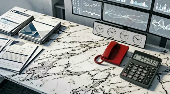 Vue en plongée d'un plateau d'assistance médicale international avec écrans de monitoring, calculatrice sophistiquée affichant des montants élevés et documents médicaux américains floutés