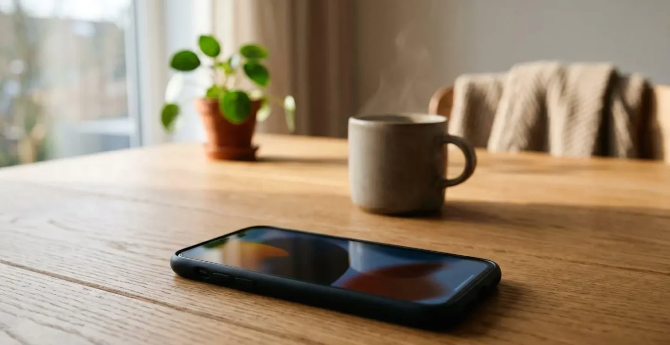 Vue en contre-plongée d'un smartphone posé sur une surface en bois avec une lumière naturelle douce