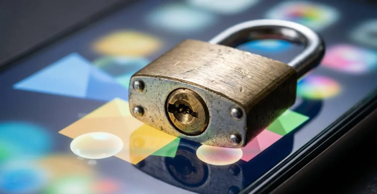 Vue macro d'un smartphone montrant des notifications floues avec un cadenas symbolique au premier plan