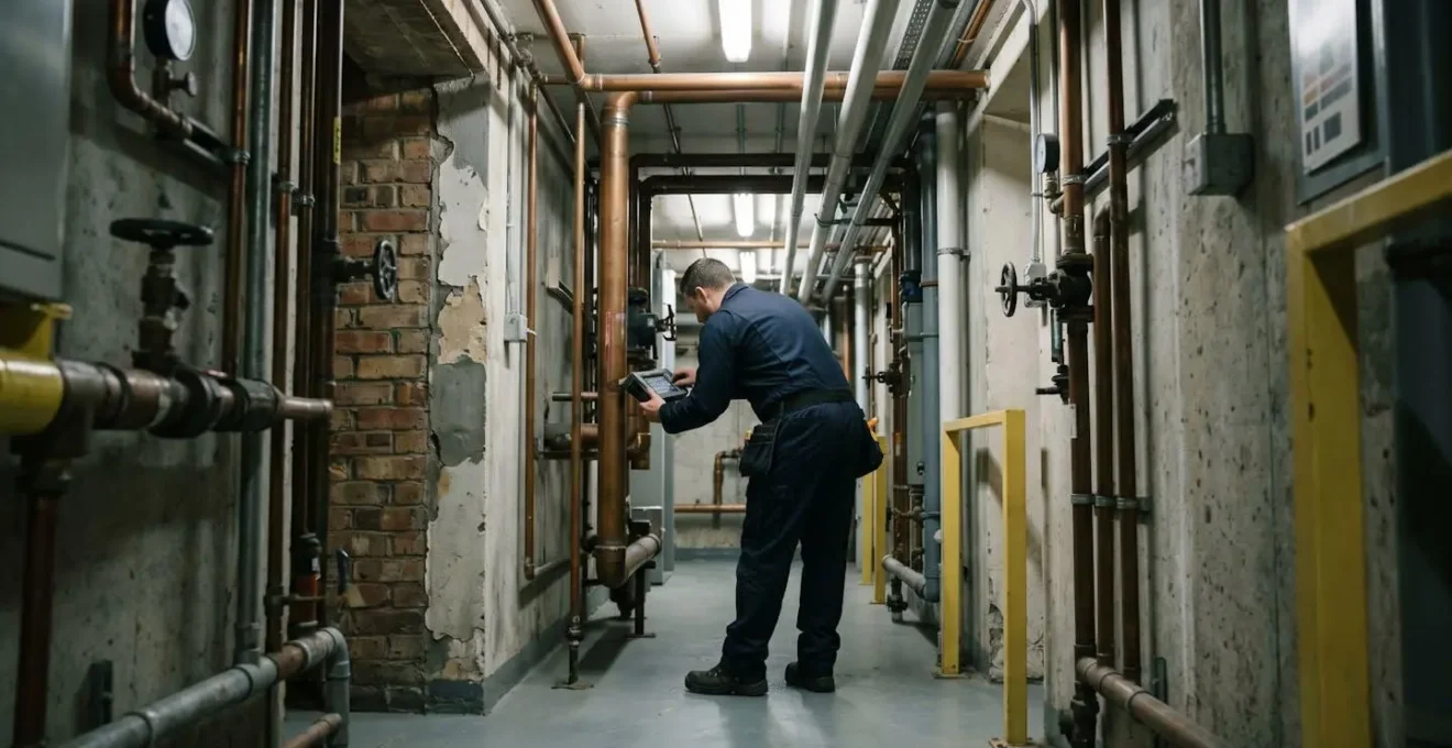 Professionnel en plomberie inspectant une canalisation avec des outils de détection non destructifs dans un environnement technique