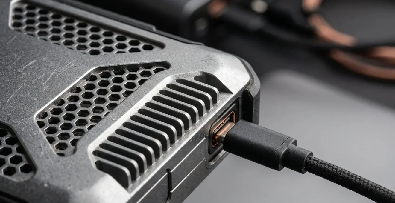 Détail macro d'un disque dur externe professionnel et câbles de connexion sur fond minimaliste