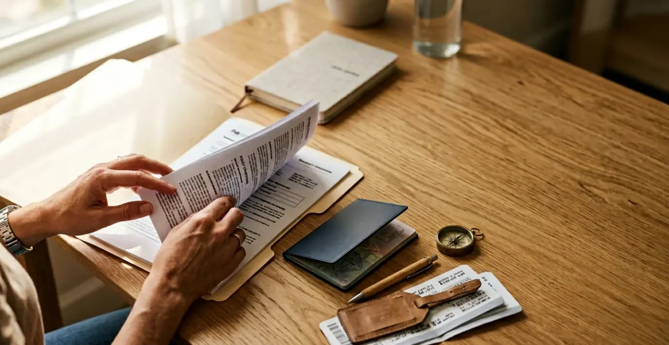 Personne planifiant un voyage avec documents d'assurance et passeport sur une table lumineuse