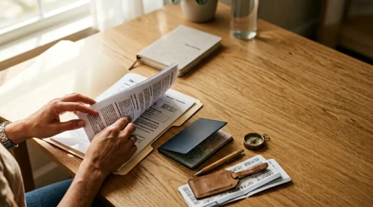 Personne planifiant un voyage avec documents d'assurance et passeport sur une table lumineuse