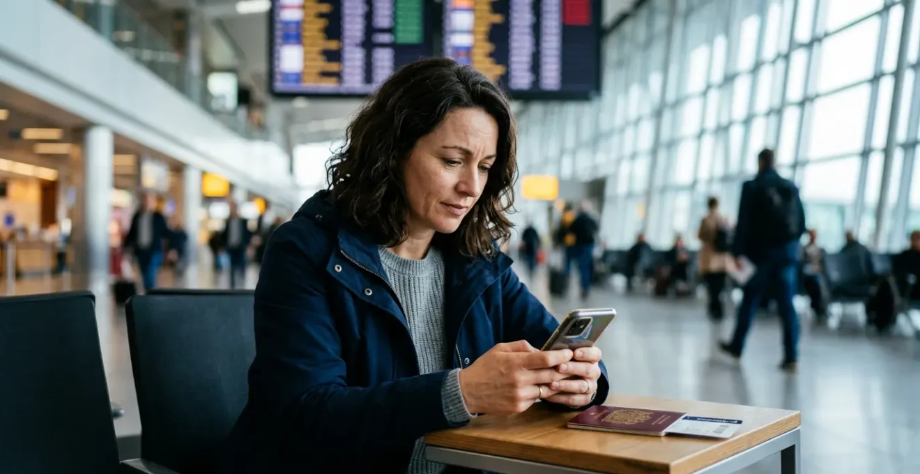Voyageur en situation d'urgence à l'aéroport finalisant une souscription d'assurance sur smartphone avant l'embarquement