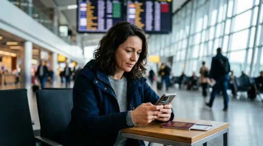 Voyageur en situation d'urgence à l'aéroport finalisant une souscription d'assurance sur smartphone avant l'embarquement