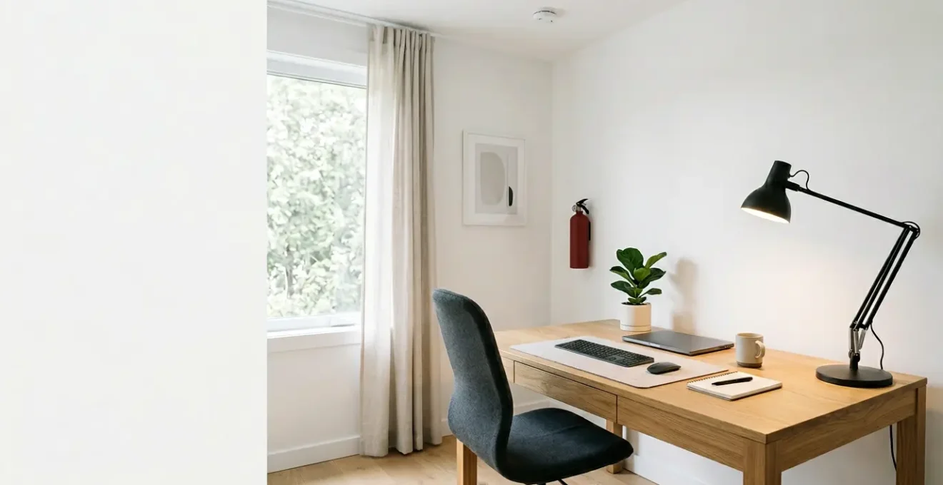 Espace de télétravail domestique sécurisé avec équipement professionnel et protection contre les risques d'incendie