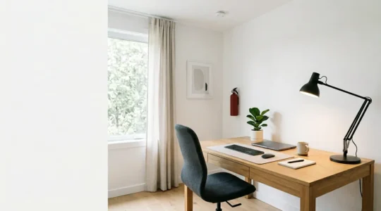 Espace de télétravail domestique sécurisé avec équipement professionnel et protection contre les risques d'incendie