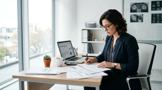 Entrepreneur analysant ses options de mutuelle santé Madelin avec documents et calculatrice