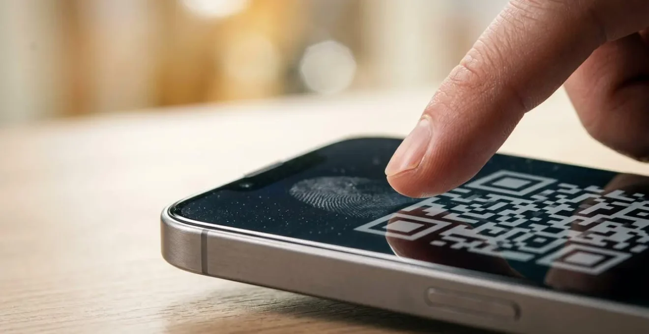 Gros plan sur une main tenant un smartphone scannant un code QR pour vérifier l'authenticité d'un document d'assurance