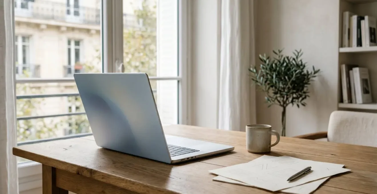 Espace de travail avec ordinateur portable montrant interface abstraite sans texte visible