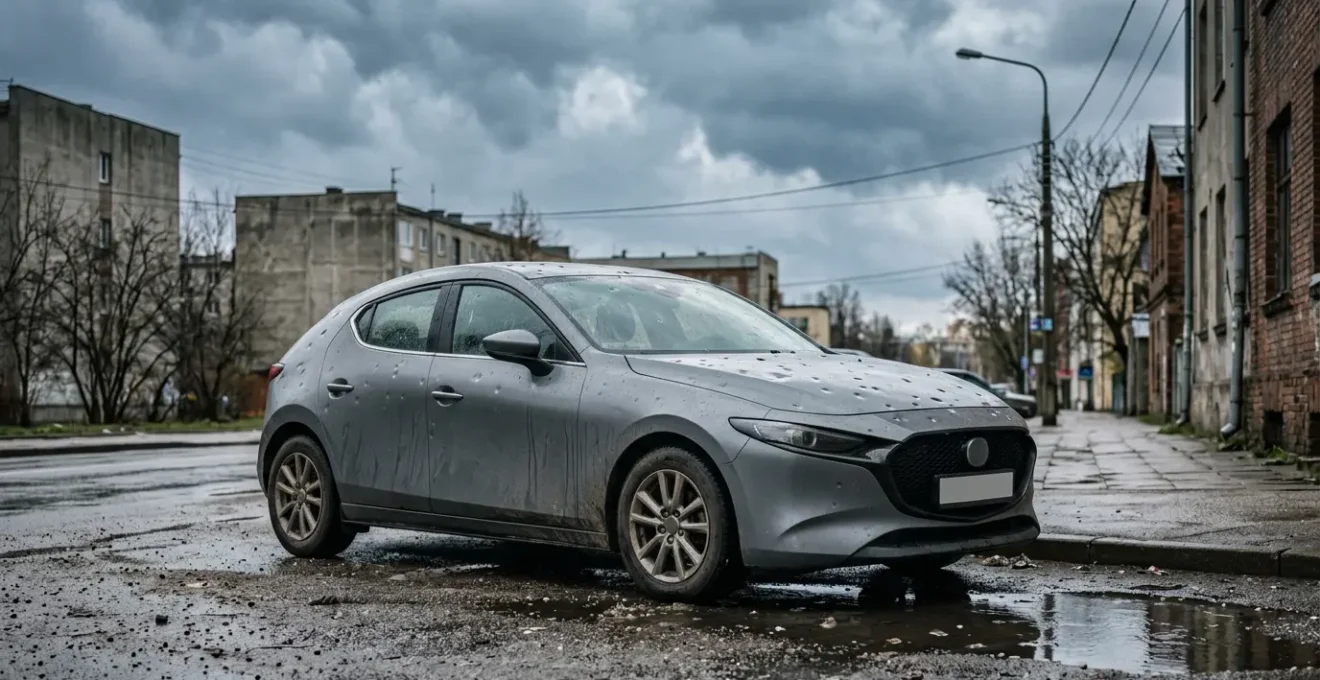 Véhicule automobile sévèrement endommagé par des conditions météorologiques extrêmes dans un environnement urbain post-intempérie