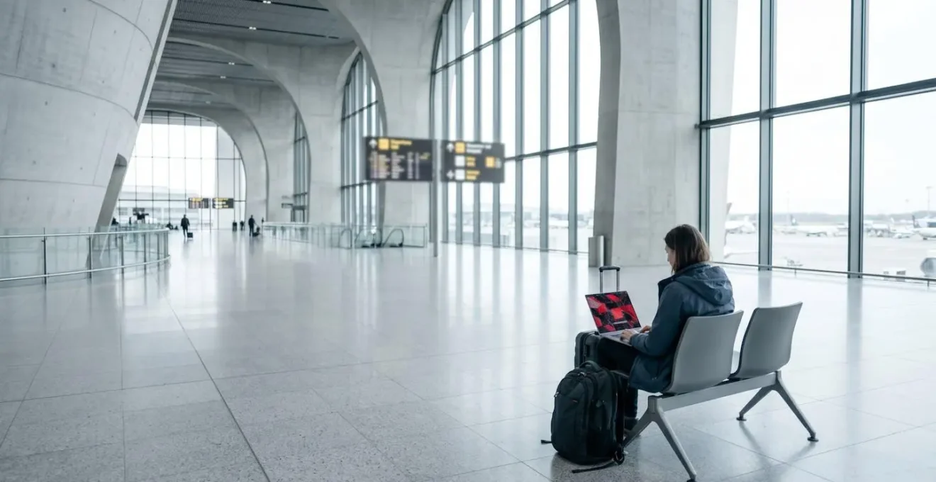 Environnement d'aéroport international avec voyageur face à un écran de refus de souscription en ligne